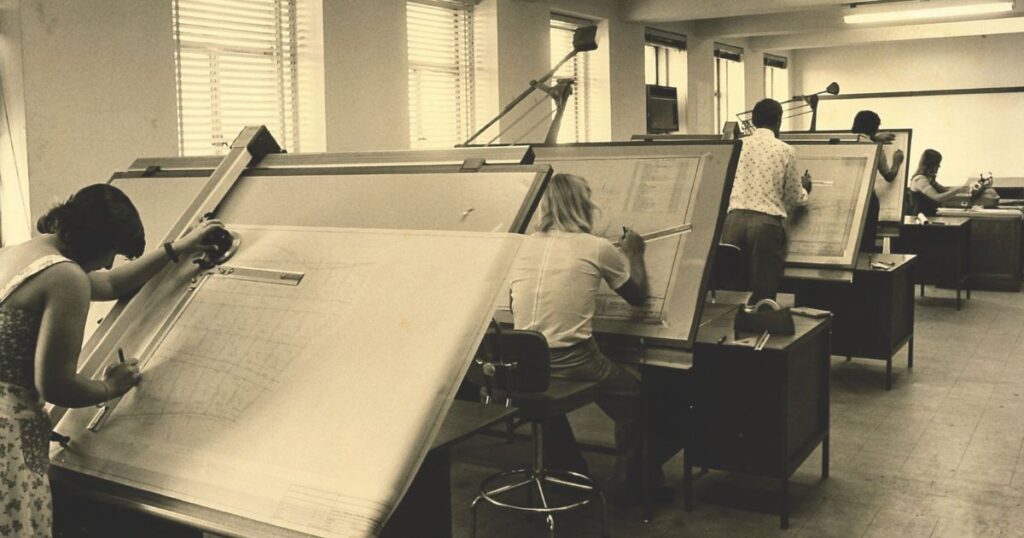 Kantey & Templer offices in the 1980s showing the draftsman drawing their plans